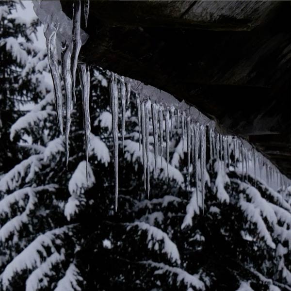 stalactites sur un rebord de toit dans une forêt enneigée des Hautes-Alpes